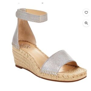 VINCE CAMUTO SILVER WEDGE ESPADRILLE WOVEN LEERA ANKLE STRAP OPEN TOE SANDALS 9